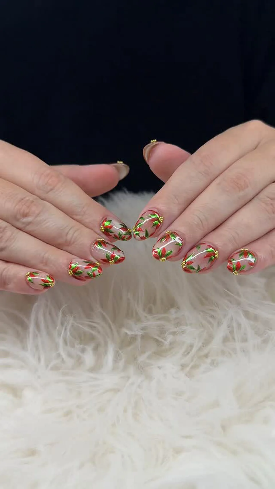 Nude nails with gold and orange hand-painted floral art done at Attraction Nails Salon in Roselle Park, NJ