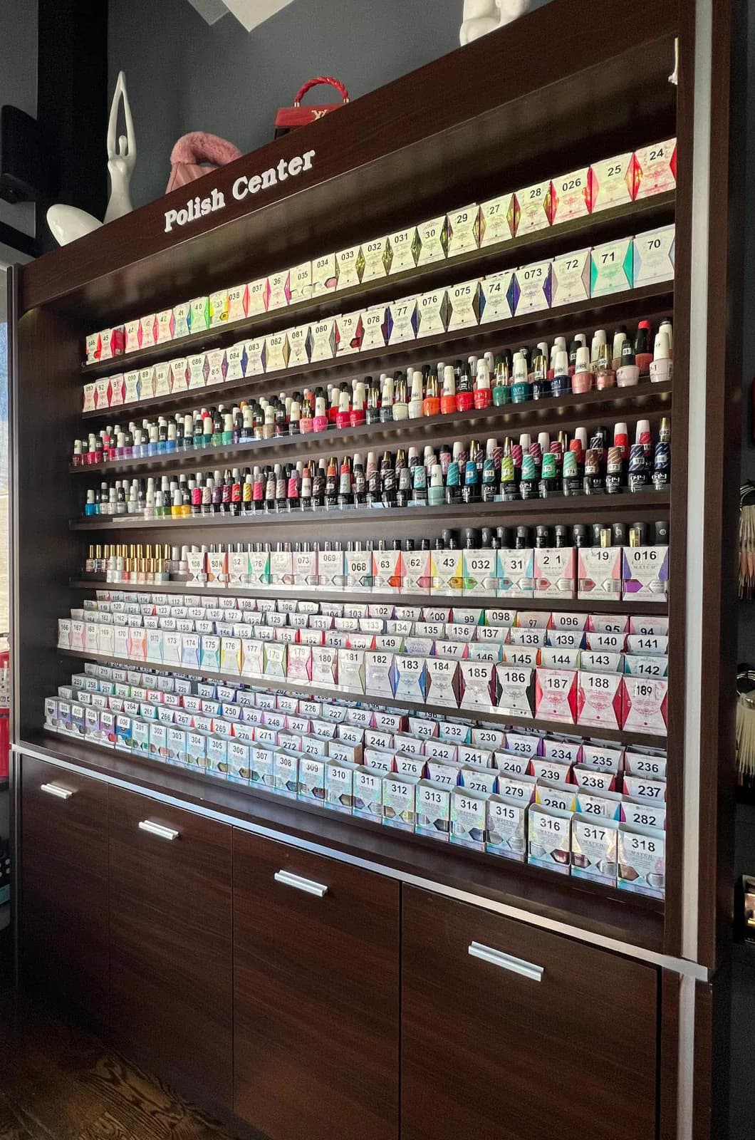 Wall of nail polish shades at Attraction Nails Salon in Roselle Park, NJ