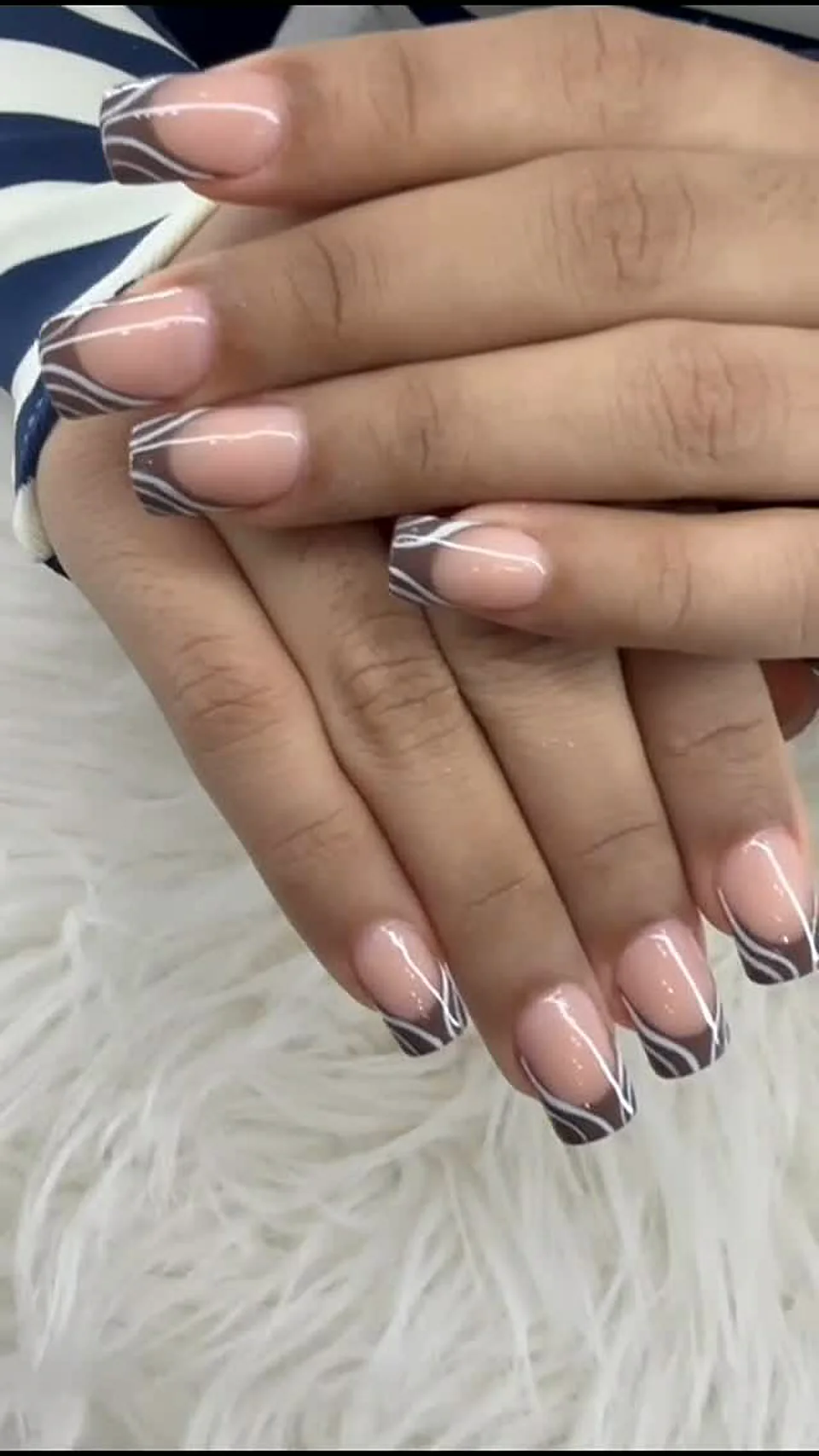 Nude nails with fine black line-art French tips done at Attraction Nails Salon in Roselle Park, NJ