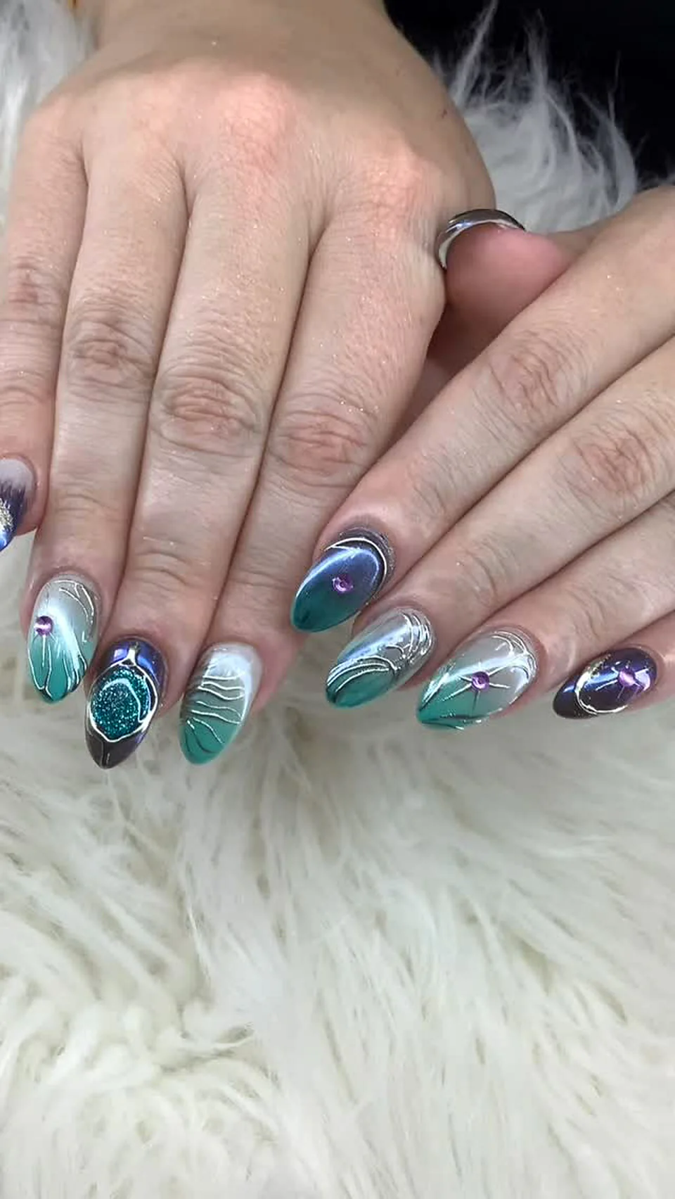 Teal and silver chrome marble gel nails, Attraction Nails Salon Roselle Park NJ
