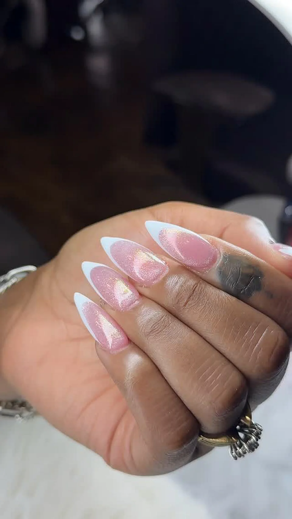 White French stiletto extensions done at Attraction Nails Salon, Roselle Park NJ