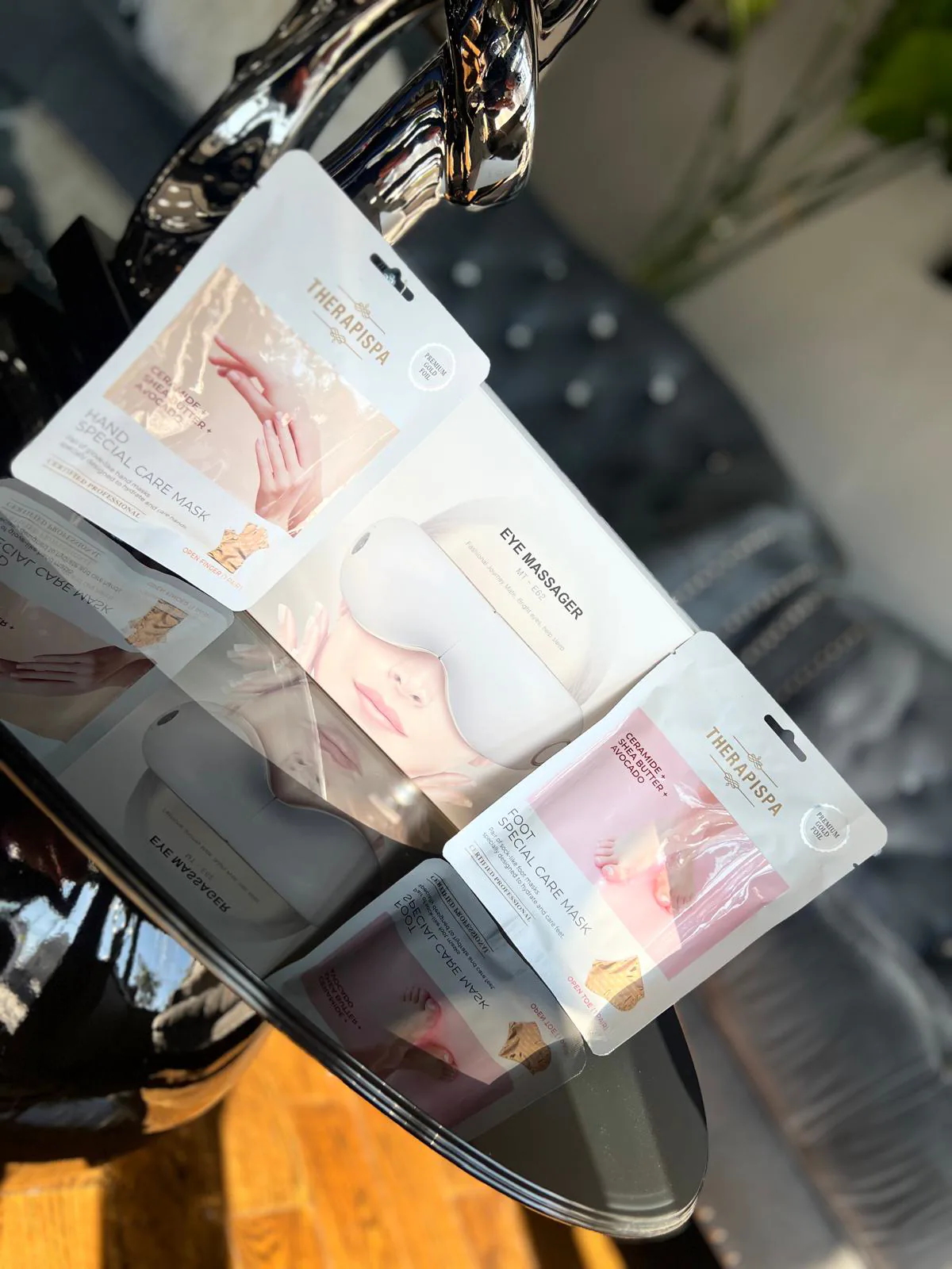 Hand, foot and eye treatment masks offered as spa add-ons at Attraction Nails Salon