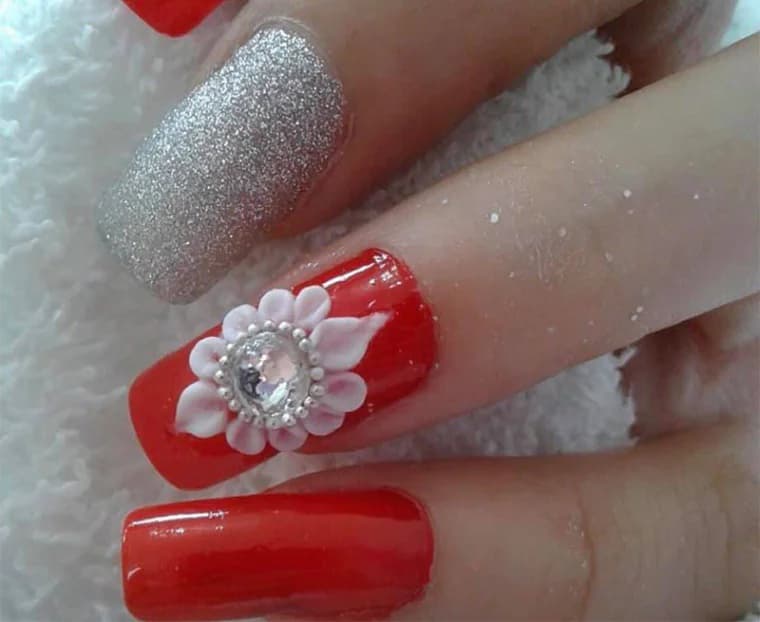Red and glitter extensions with 3D flower detail, Attraction Nails Salon